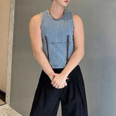 Threebooy Mens Denim Vest Double Zipper Casual Short Vest Niche Personality Streetwear Versatile Sleeveless Tank Top Men'S Clothing 2024